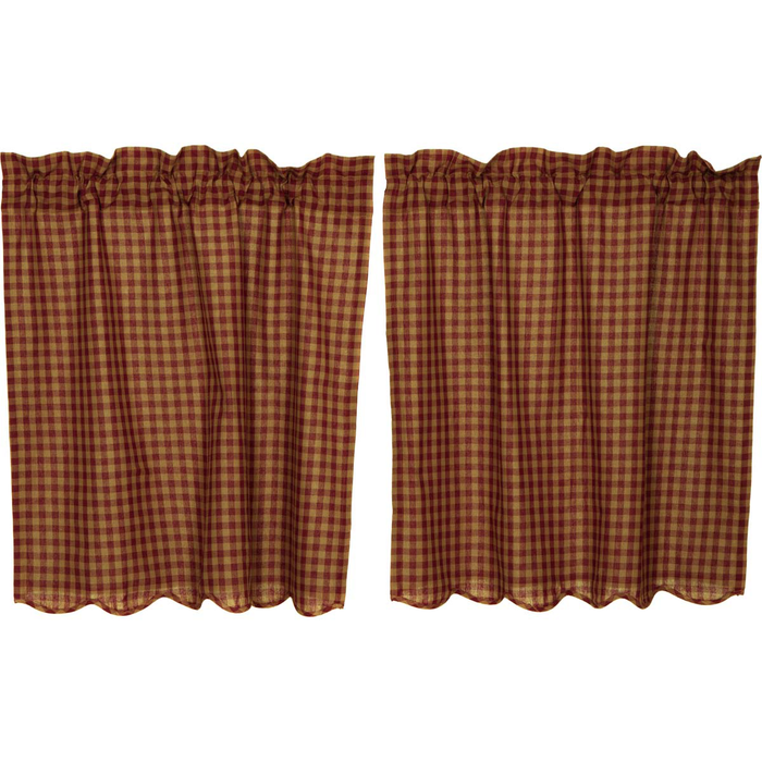 Burgundy Check Scalloped Tier Curtains (Choose Size)