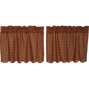 Burgundy Check Scalloped Tier Curtains 24"L