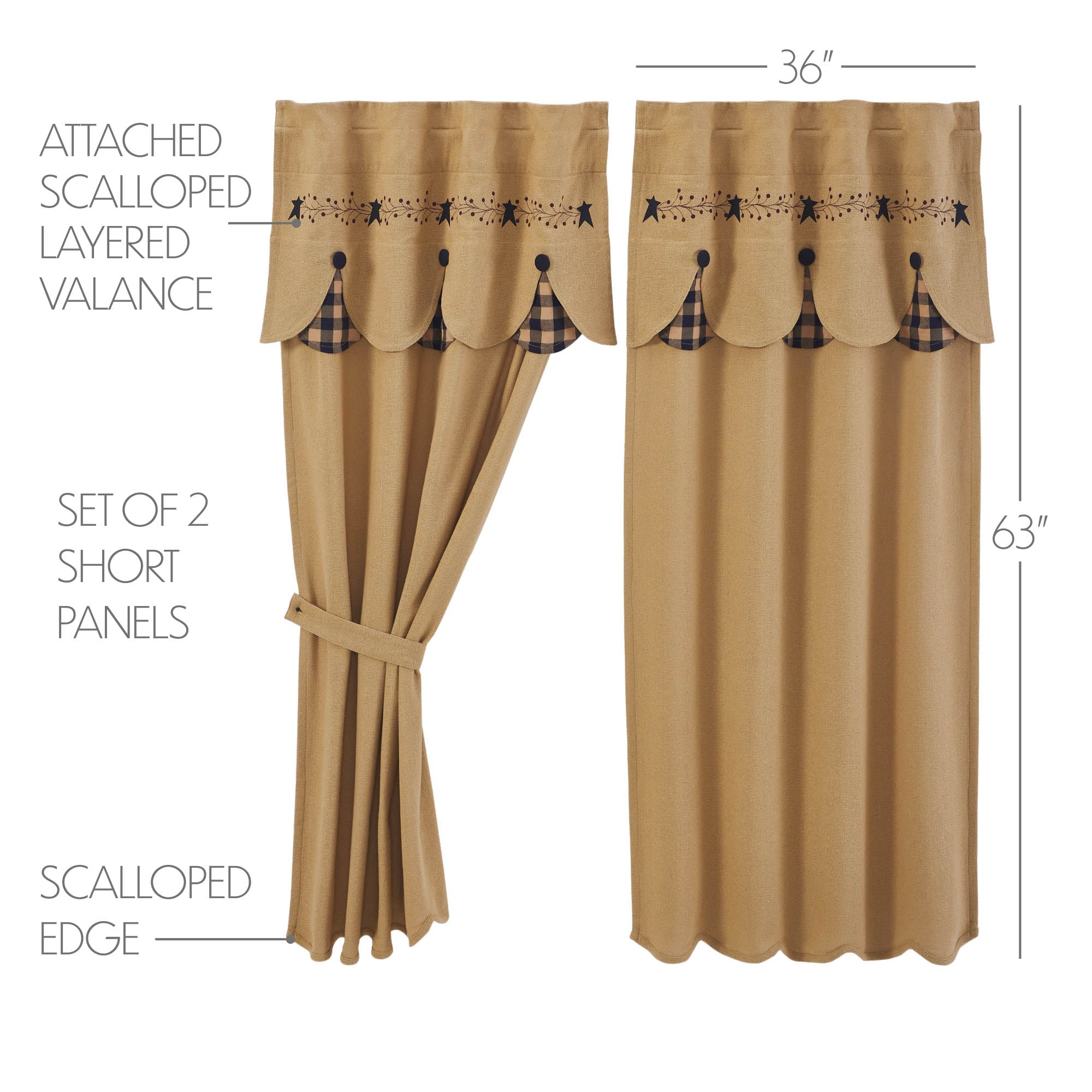 Pip Vinestar Short Panel with Attached Scalloped Layered Valance Set of 2