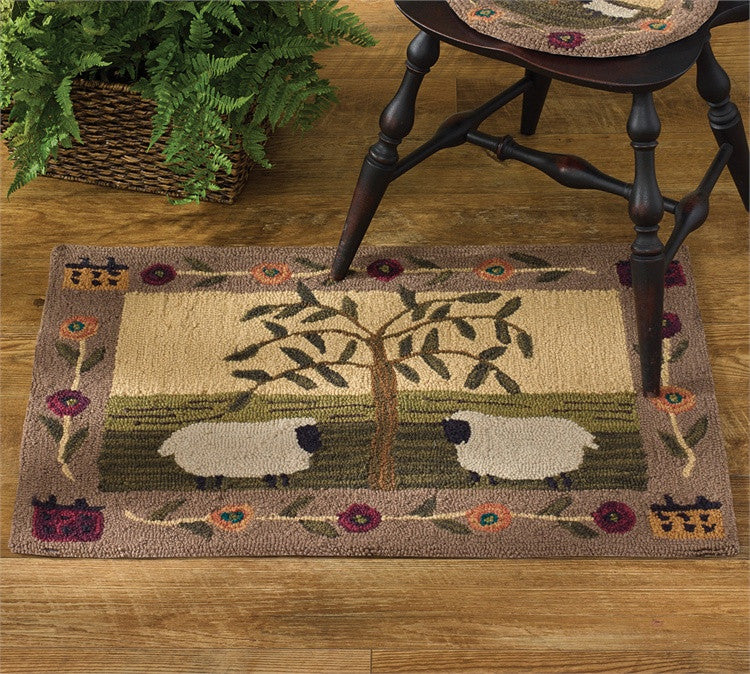 Willow & Sheep Hooked Rug 24x36