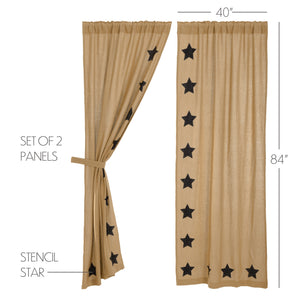 Burlap Natural Black Star Stenciled Panel Curtain 84"L