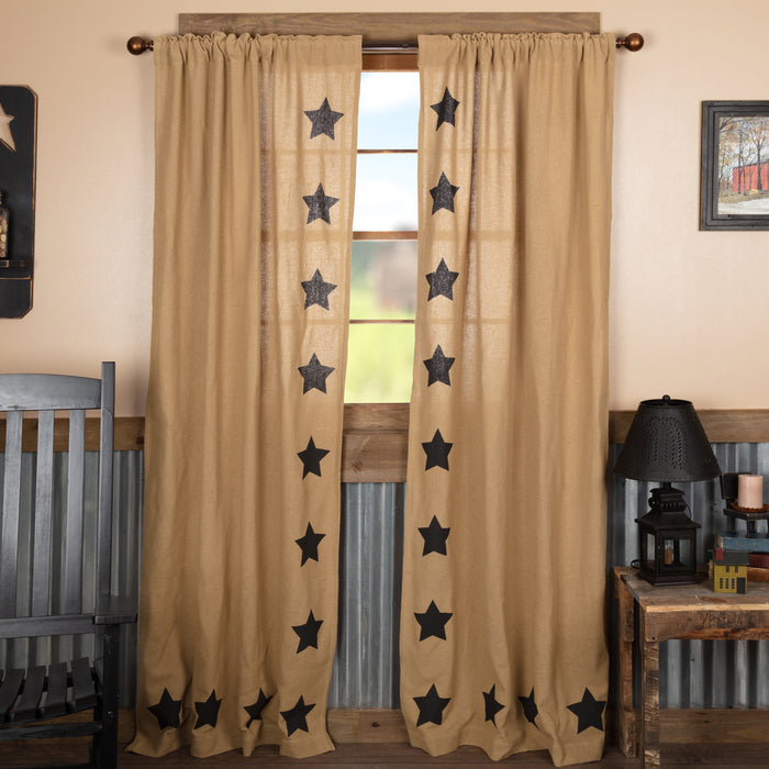 Burlap Natural Black Star Stenciled Panel Curtain 84"L