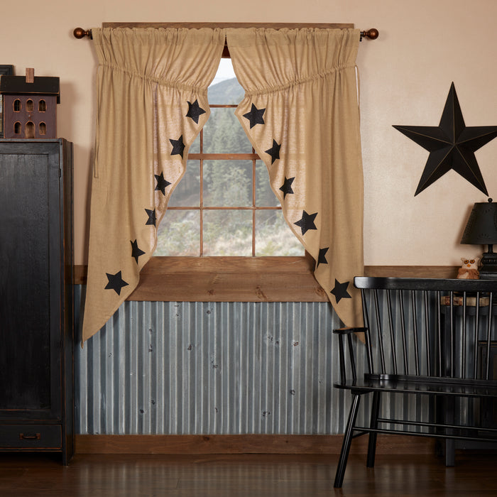 Burlap Natural Black Star Stenciled Short Prairie Curtain