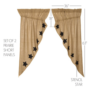 Burlap Natural Black Star Stenciled Short Prairie Curtain