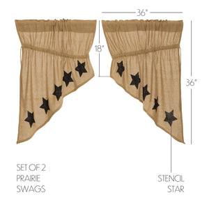 Burlap Natural Black Star Stenciled Prairie Swag Curtain