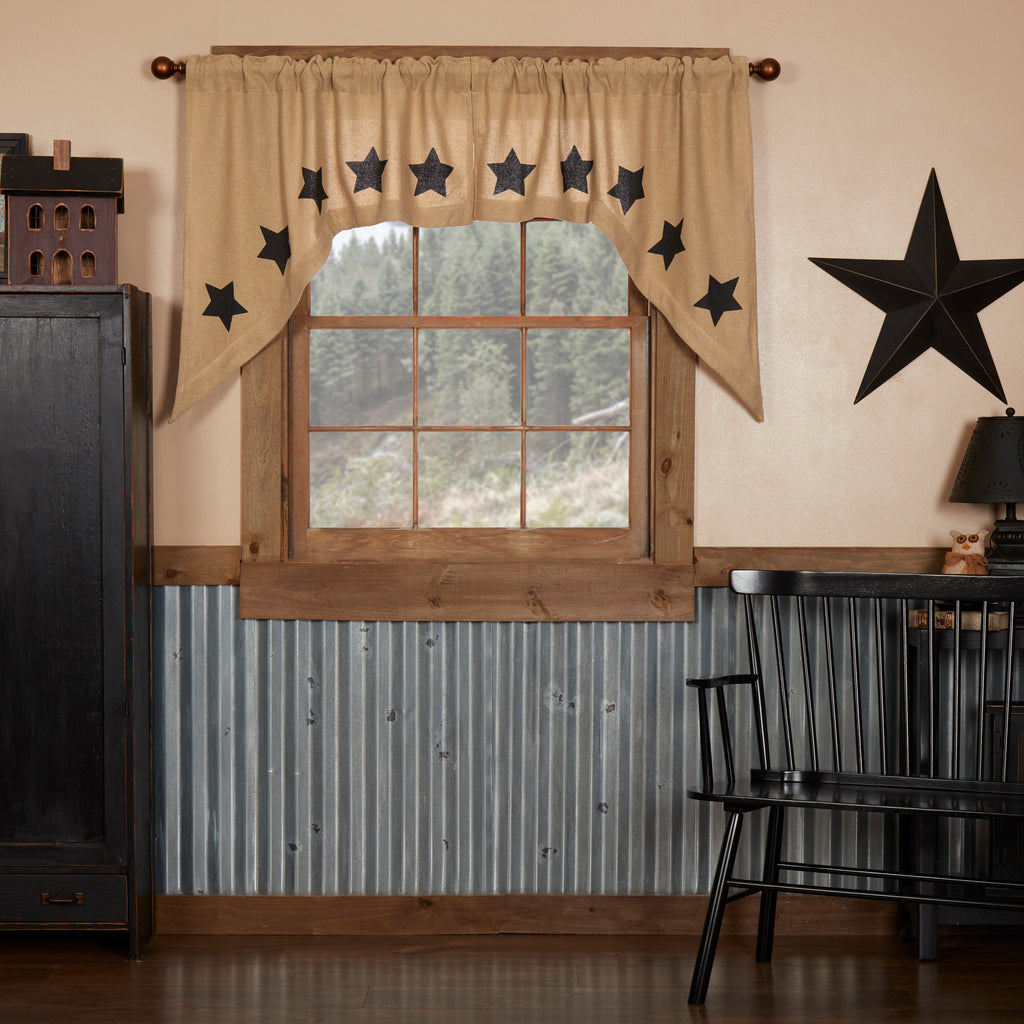 Burlap Natural Black Star Stenciled Swag Curtain by VHC Brands