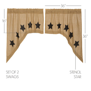 Burlap Natural Black Star Stenciled Swag Curtain