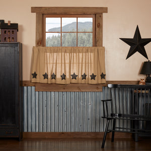 Burlap Natural Black Star Stenciled Tier Curtain