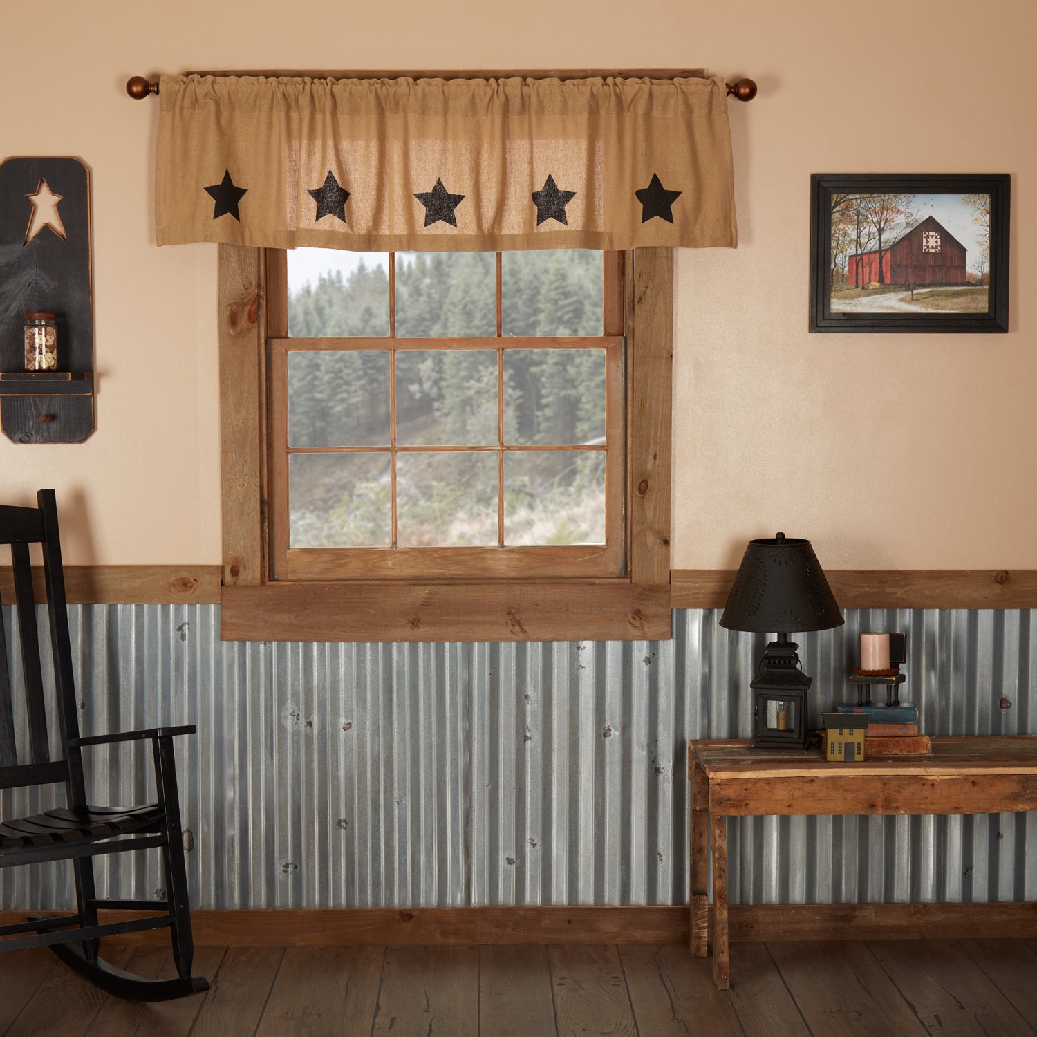 Burlap Natural Black Star Stenciled Valance