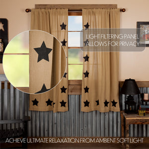 Burlap Natural Black Star Stenciled Short Panel Curtain 63"L