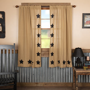 Burlap Natural Black Star Stenciled Short Panel Curtain 63"L by VHC Brands