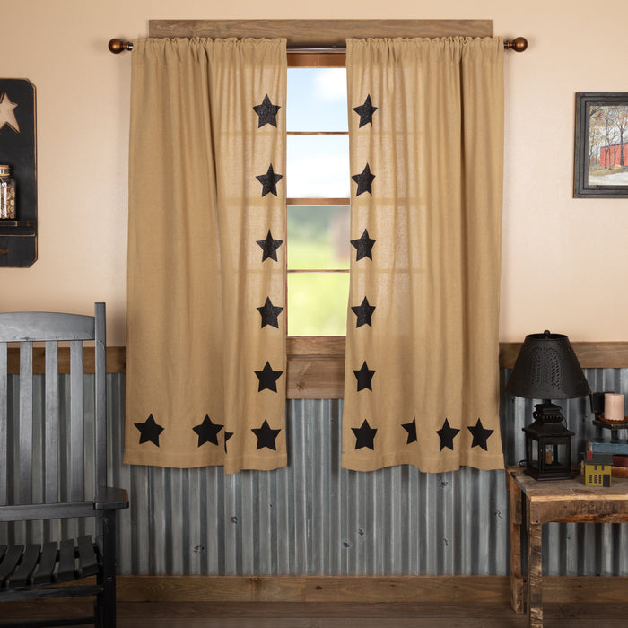 Burlap Natural Black Star Stenciled Short Panel Curtain 63"L