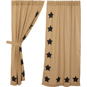 Burlap Natural Black Star Stenciled Short Panel Curtain 63"L