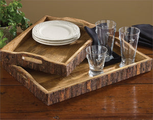 Wood Trays with Bark Edges - Set of 2