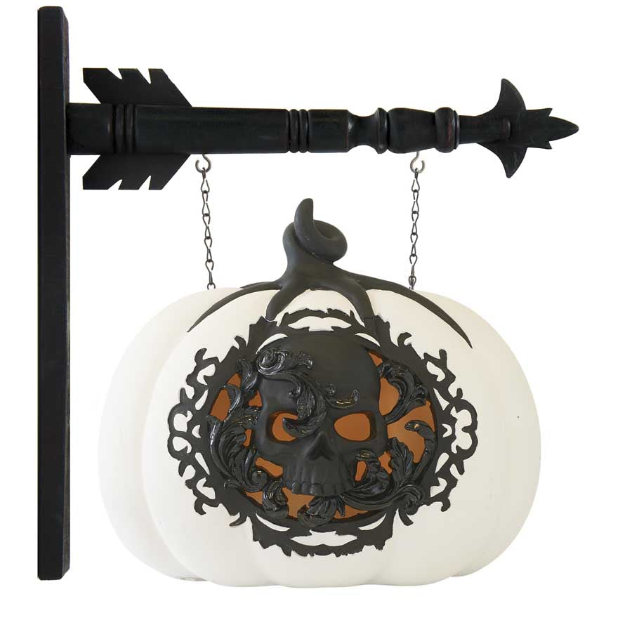 White & Black LED Pumpkin w/Filigree Skull Arrow Replacement Sign by K&K Interiors