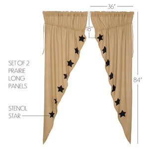 Burlap Natural Black Star Stenciled Long Prairie Curtain