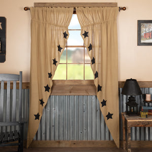 Burlap Natural Black Star Stenciled Long Prairie Curtain by VHC Brands