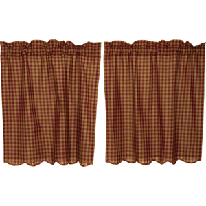 Burgundy Check Scalloped Tier Curtains 36"L
