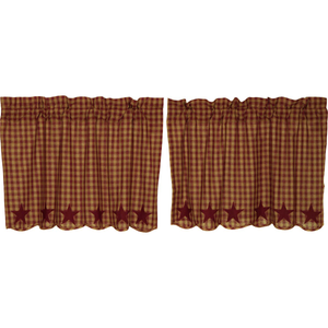 Burgundy Star Scalloped Tier Curtains 24"L