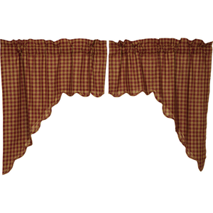 Burgundy Check Scalloped Swag Curtains